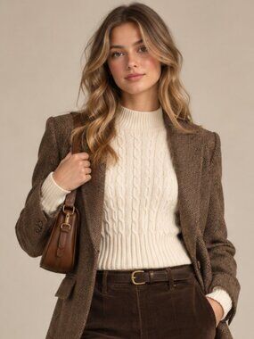 Jason Wu Mock Neck Cable Knit Sweater Large White Cream Chunky Pullover Cropped